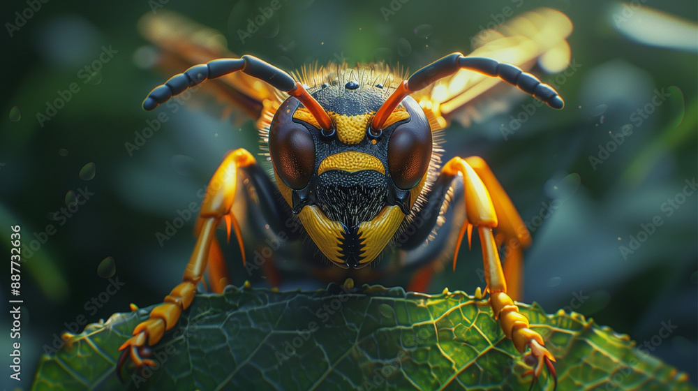 Fototapeta premium A yellow and black wasp is on a leaf. The wasp has a menacing look on its face
