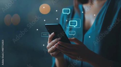 A woman is holding a cell phone with a blue background and a lot of text on it. The text is in different colors and shapes, and it is a social media feed. Scene is busy and overwhelming