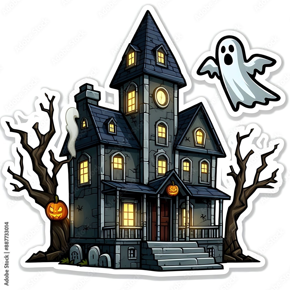 Cartoon haunted house with lit windows, spooky trees, ghost, pumpkins and tombstones. Colorful sticker with white border isolated on white background. Halloween and horror concept Cartoon haunted house with lit windows, spooky trees, ghost, pumpkins and tombstones. Colorful sticker with white border isolated on white background. Halloween and horror concept
