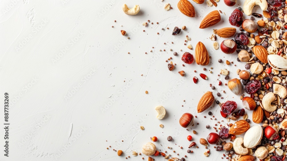 Assortment of nuts and dried berries on white background Vegan snack idea Top view with space for text Assortment of nuts and dried berries on white background Vegan snack idea Top view with space for text