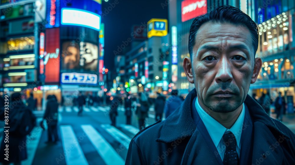 Portrait of a serious man in a suit at a busy city street crossing at night with neon lights and billboards. Urban nightlife and business concept Portrait of a serious man in a suit at a busy city street crossing at night with neon lights and billboards. Urban nightlife and business concept