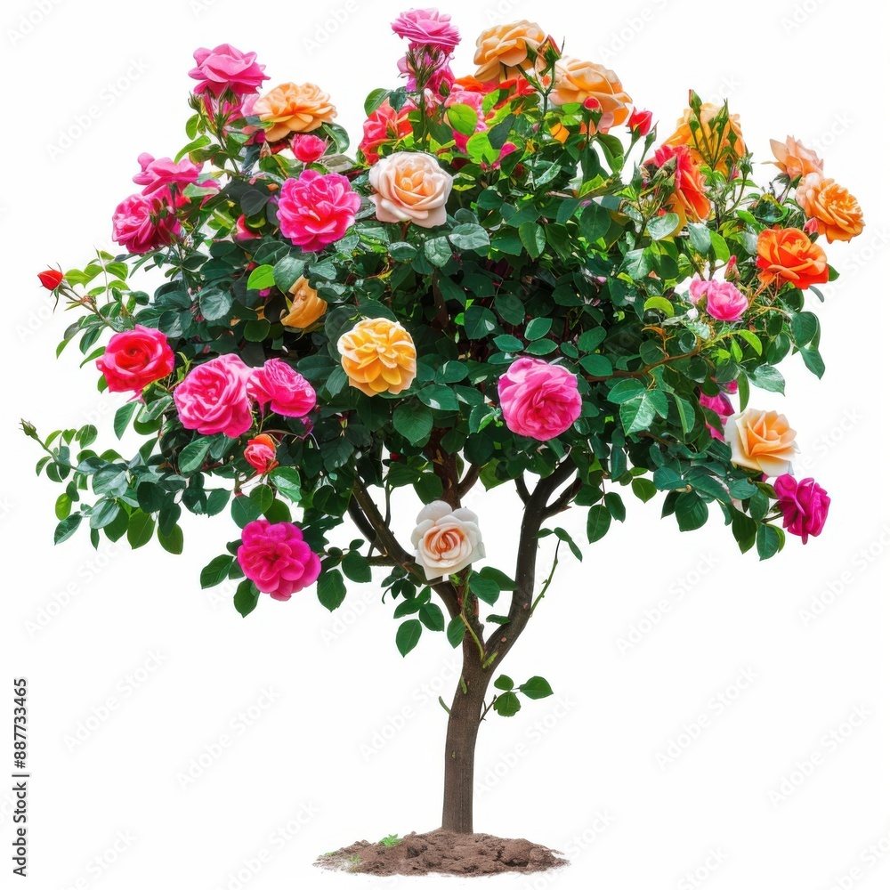 Fototapeta premium Exquisite Multi-Colored Rose Bush in Full Bloom on White Background - High-Definition Floral Beauty