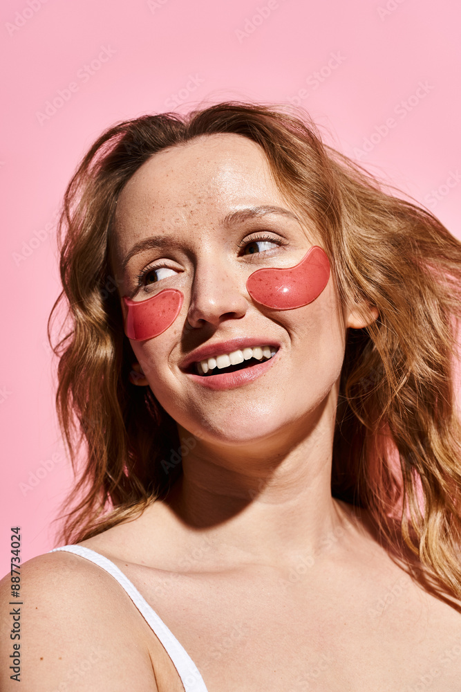Active and alluring woman confidently showcases a striking red eye patches, enhancing her natural beauty. Active and alluring woman confidently showcases a striking red eye patches, enhancing her natural beauty.