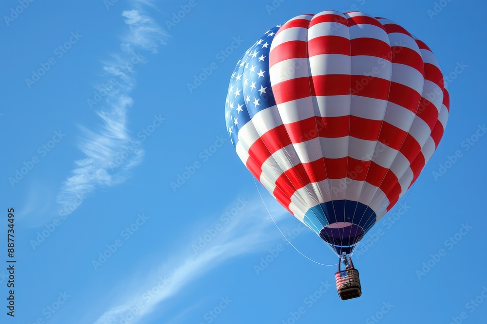 Naklejka premium A vibrant hot air balloon, adorned with the colors and design of the American flag, ascends majestically through a clear blue sky.