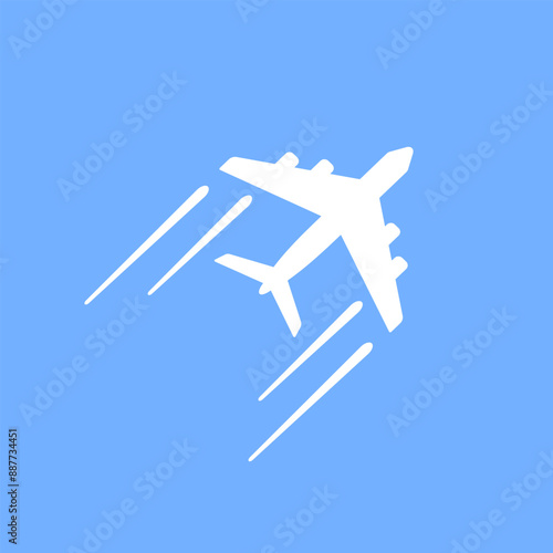 White airplane with trace on sky blue background. Vector minimal icon or logo.