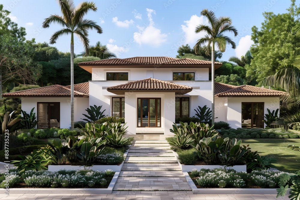 Fototapeta premium Elegant Mediterranean Villa with Palm Trees and Well-Maintained Garden