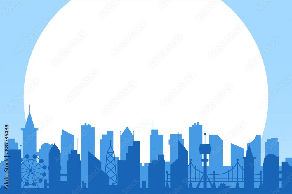 Silhouette of a modern city with skyscrapers, bridge, ferris wheel and clouds and round border Silhouette of a modern city with skyscrapers, bridge, ferris wheel and clouds and round border