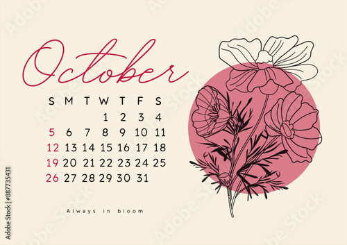 Horizontal calendar page for October 2025 with autumn cosmos flower. Isolated on beige background. Week starts on Sunday. Vector illustration outline plant