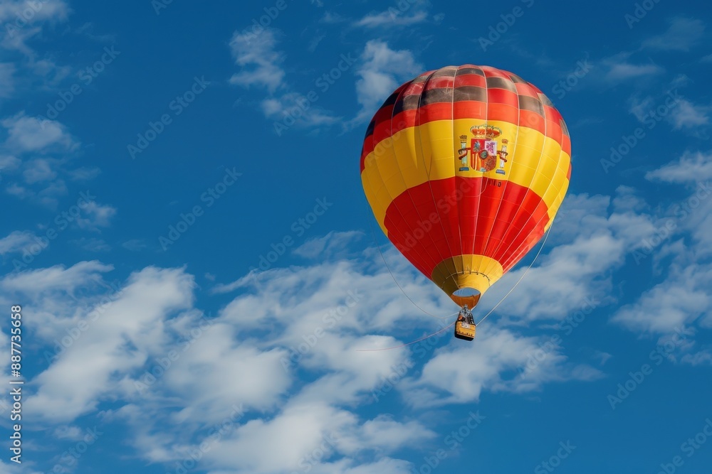 A hot air balloon, adorned with the vibrant colors of the Spanish flag, floats gracefully through a bright blue sky. White clouds drift gently below, adding to the serenity of the scene. A hot air balloon, adorned with the vibrant colors of the Spanish flag, floats gracefully through a bright blue sky. White clouds drift gently below, adding to the serenity of the scene.