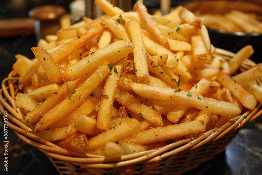 Crispy golden French fries in a basket on a table, ready to be enjoyed as a delicious snack or side dish, AI generated Crispy golden French fries in a basket on a table, ready to be enjoyed as a delicious snack or side dish, AI generated