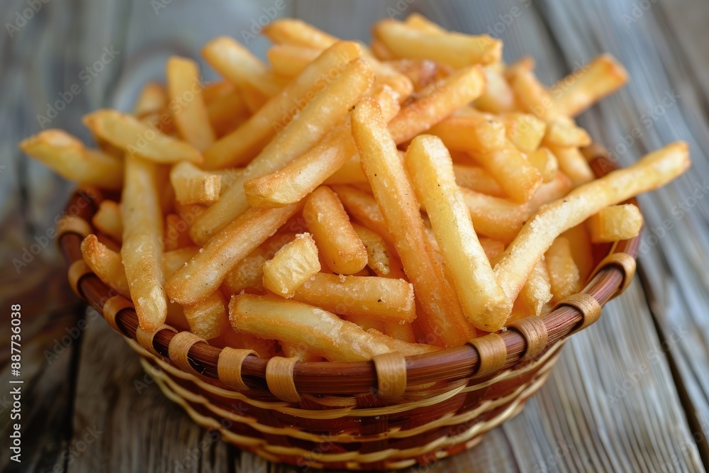 Crispy golden French fries in a basket on a table, ready to be enjoyed as a delicious snack or side dish, AI generated Crispy golden French fries in a basket on a table, ready to be enjoyed as a delicious snack or side dish, AI generated