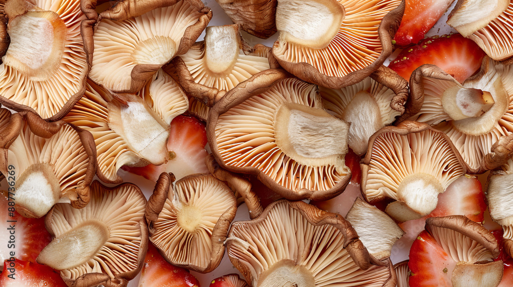 Dried slices of porcini mushrooms create a gourmet food texture background, showcasing forest boletus mushrooms. This top view banner features a beige pastel aesthetic, emphasizing a monochrome patter Dried slices of porcini mushrooms create a gourmet food texture background, showcasing forest boletus mushrooms. This top view banner features a beige pastel aesthetic, emphasizing a monochrome patter