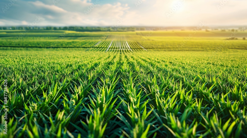 Vibrant green corn crop growing on farmland at sunset Vibrant green corn crop growing on farmland at sunset