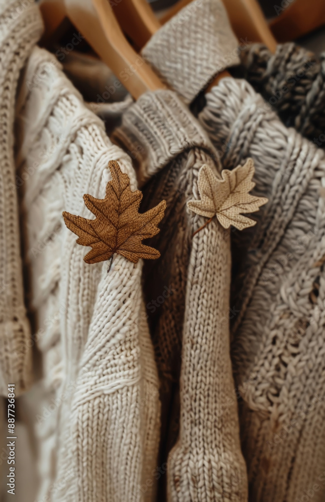 Autumn Knit Sweaters Hanging on Wooden Hangers Autumn Knit Sweaters Hanging on Wooden Hangers