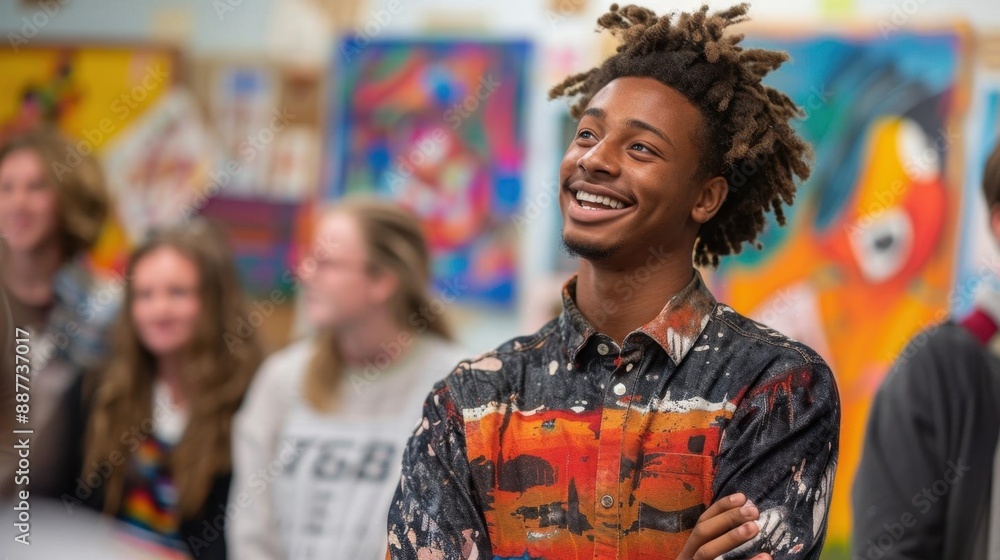 A student presenting their art project, feeling proud, with classmates watching attentively, Pop Art, Bold, Vibrant Colors A student presenting their art project, feeling proud, with classmates watching attentively, Pop Art, Bold, Vibrant Colors