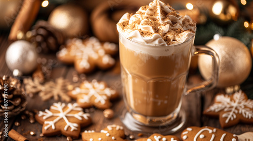 a gingerbread latte in a clear glass, topped with whipped cream and gingerbread crumbs, surrounded by gingerbread cookies and holiday ornaments