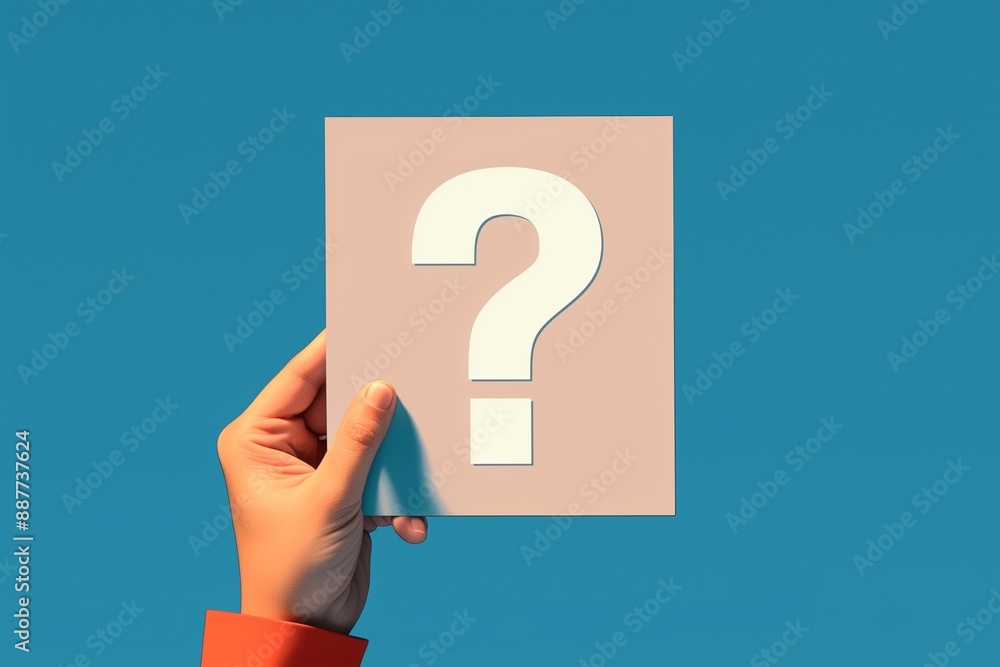 Hand with white question mark paper against blue background Hand with white question mark paper against blue background
