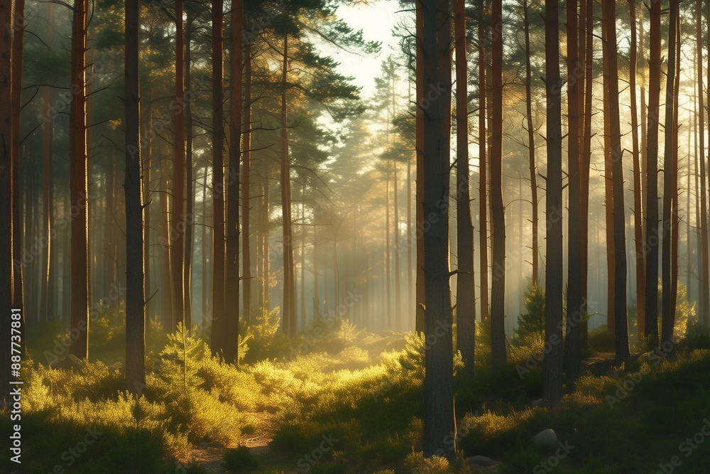 The sun through the pine forest at sunrise The sun through the pine forest at sunrise