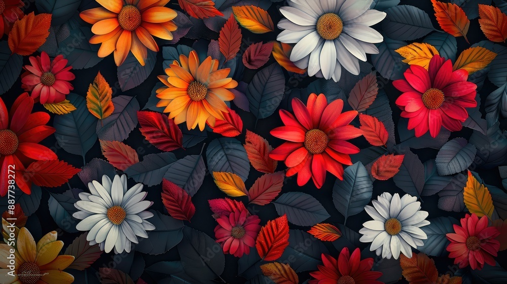 Obraz premium Dark floral background wallpaper design with multicolor flowers and leaves