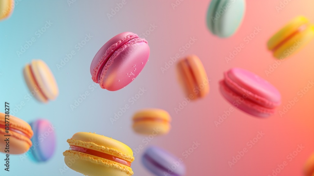 Colorful macarons floating pattern on pastel neon background, sweet dessert concept. Colorful macarons floating pattern on pastel neon background, sweet dessert concept.