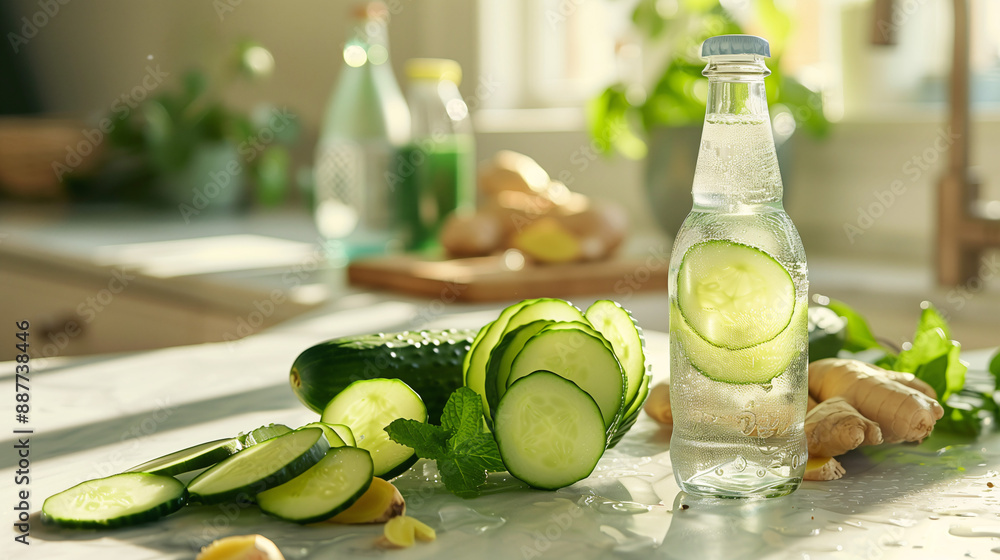 cucumber slices, fresh ginger, and a bottle of sparkling water, arranged on a bright, sunlit kitchen island cucumber slices, fresh ginger, and a bottle of sparkling water, arranged on a bright, sunlit kitchen island