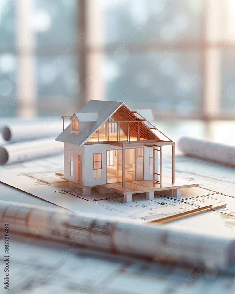 © DeepView - A small house model on on construction blueprints with architectural drawing lines, symbolizing home construction and real estate design