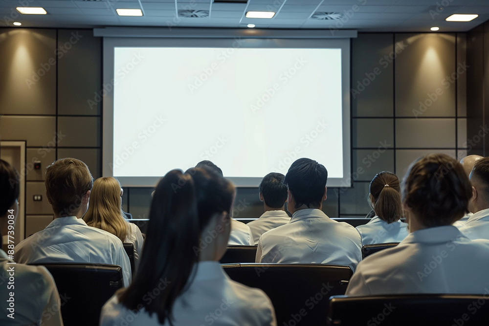 Audience in a conference room watching a presentation on a large screen, symbolizing education and collaboration. Audience in a conference room watching a presentation on a large screen, symbolizing education and collaboration.