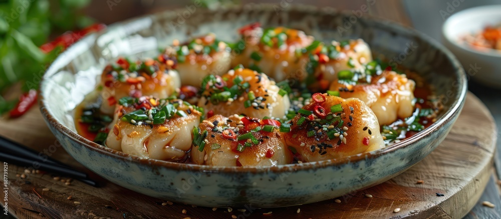 Close-up of Steamed Dumplings with Toppings Close-up of Steamed Dumplings with Toppings