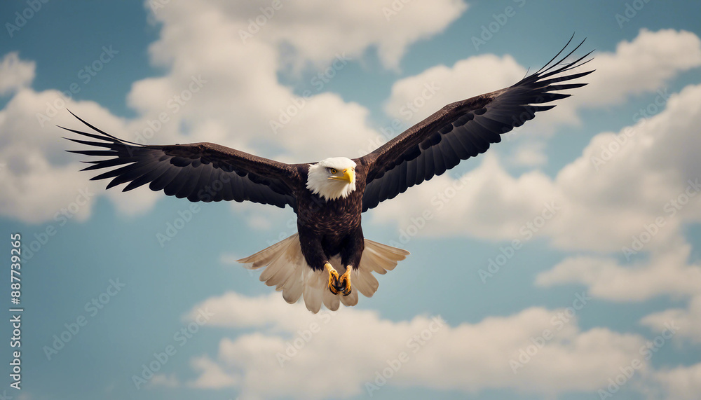 Naklejka premium A bald eagle soaring above the forest, clear blue sky 