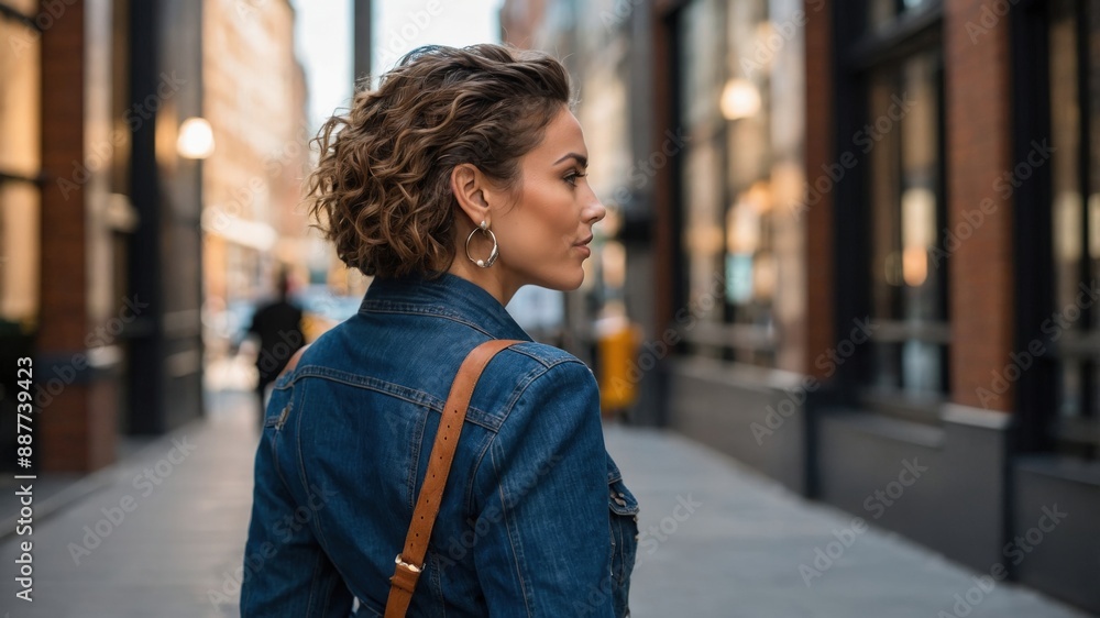 A stylish woman with curly hair wearing a denim jacket and carrying a bag, walking through a bustling city street.
A stylish woman with curly hair wearing a denim jacket and carrying a bag, walking through a bustling city street.
