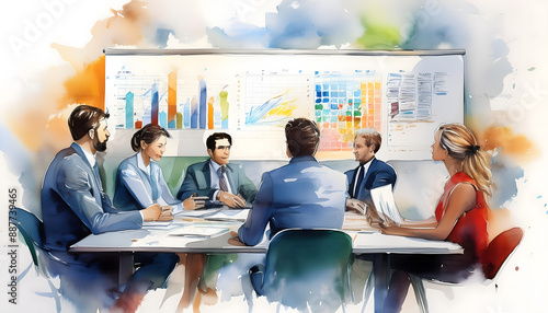 Business meeting. Modern working life. Creative watercolors.