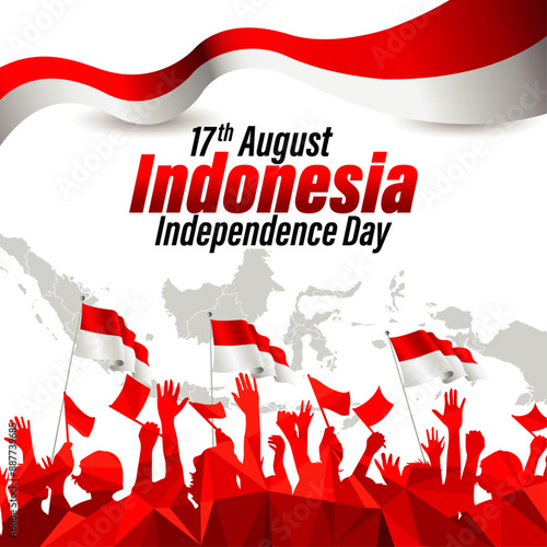 Vector red color Flat design, Illustration of Indonesia Icons, flag, and landmarks. 17th August Indonesia Independence Day concept.
