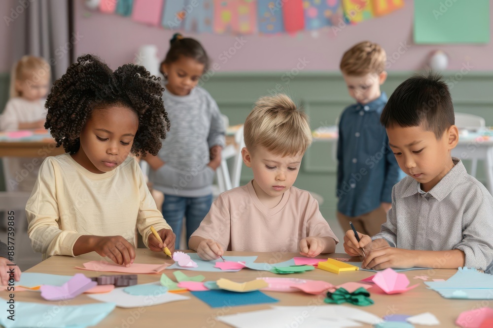 Children assembled around a table crafting for a party or school event, fostering creativity and participation. Children assembled around a table crafting for a party or school event, fostering creativity and participation.