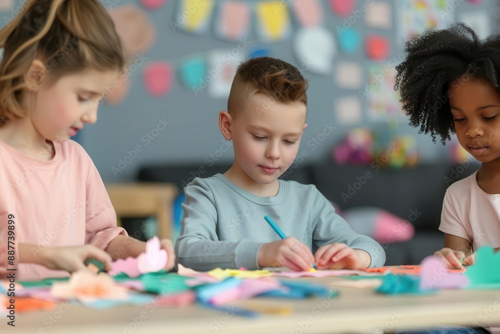 Fototapeta premium Children gathered around a table making crafts for a party, school celebration, creative and engaging
