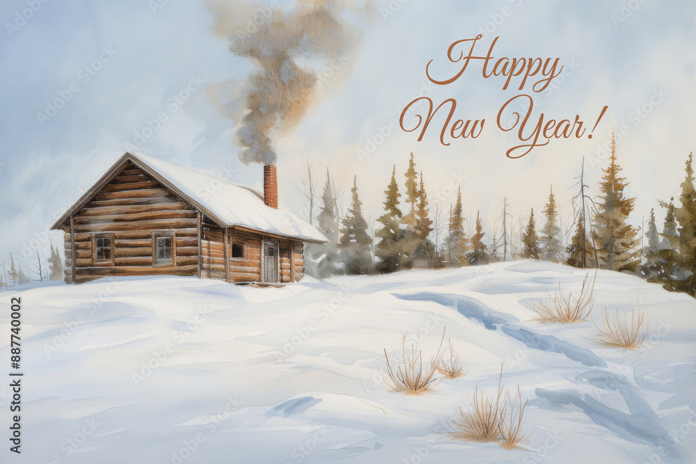 Winter Cabin in Snowy Landscape with Happy New Year Greeting Winter Cabin in Snowy Landscape with Happy New Year Greeting