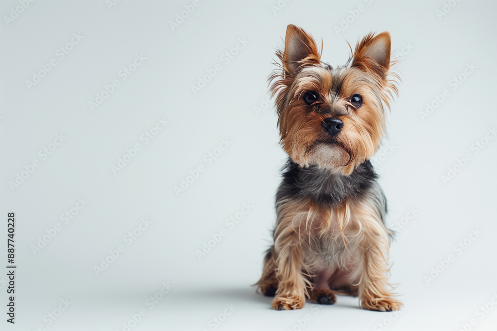 A cute Yorkshire Terrier dog sitting on a plain white background A cute Yorkshire Terrier dog sitting on a plain white background