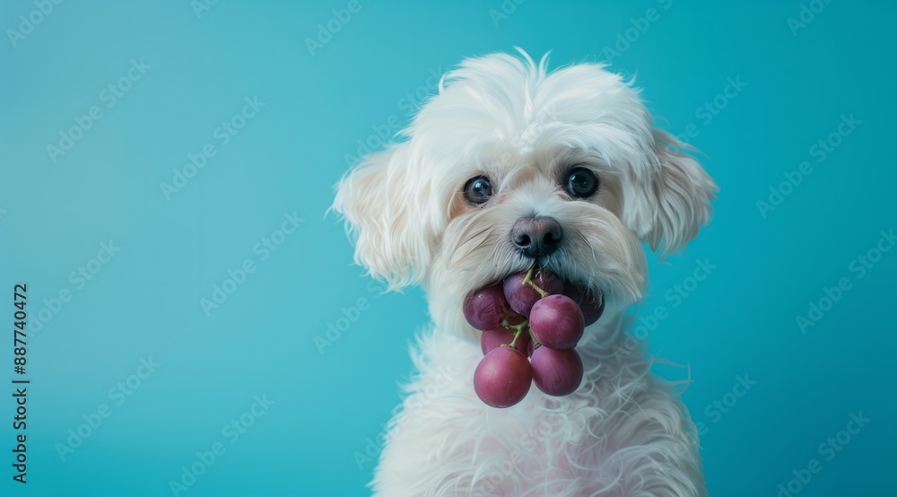 white Poodle with Grapes in Mouth on Yellow Background - Dangers of Grapes for Dog Health Concept, toxic food, pet care, canine health, veterinary medicine, pet safety, grape toxicity, veterinary trea white Poodle with Grapes in Mouth on Yellow Background - Dangers of Grapes for Dog Health Concept, toxic food, pet care, canine health, veterinary medicine, pet safety, grape toxicity, veterinary trea