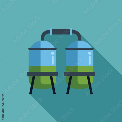 Two industrial tanks processing biofuel with a long shadow on a blue background