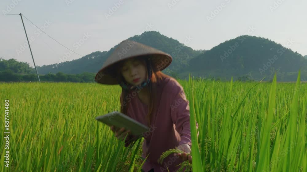 Vietnamese woman farmer wearing Chinese rice hat checking the crop in rice field plantation taking note on her notebook Vietnamese woman farmer wearing Chinese rice hat checking the crop in rice field plantation taking note on her notebook