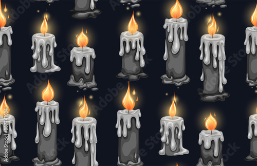 Gloomy vector pattern with black candles on a dark background. Mystical texture with wax candles for wrapping paper. Halloween background