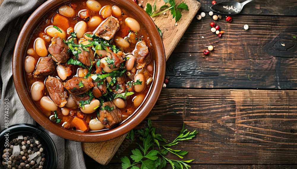 Beef stew with beans in wooden dish. Top view copy space. Beef stew with beans in wooden dish. Top view copy space.