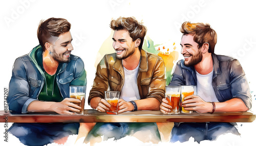 Young friends laughing in a bar and having a afterwork dring. Modern working life. Creative watercolors.