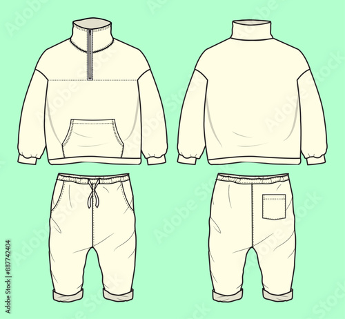 baby unisex terry fleece funnel neck half zip through sweatshirt rib cuff jogger tracksuit fashion illustration flat sketch vector.