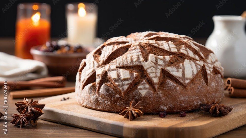 Fototapeta premium Handcrafted gluten free sourdough bread with buckwheat and walnuts on a wooden cutting board placed on white marble countertop 