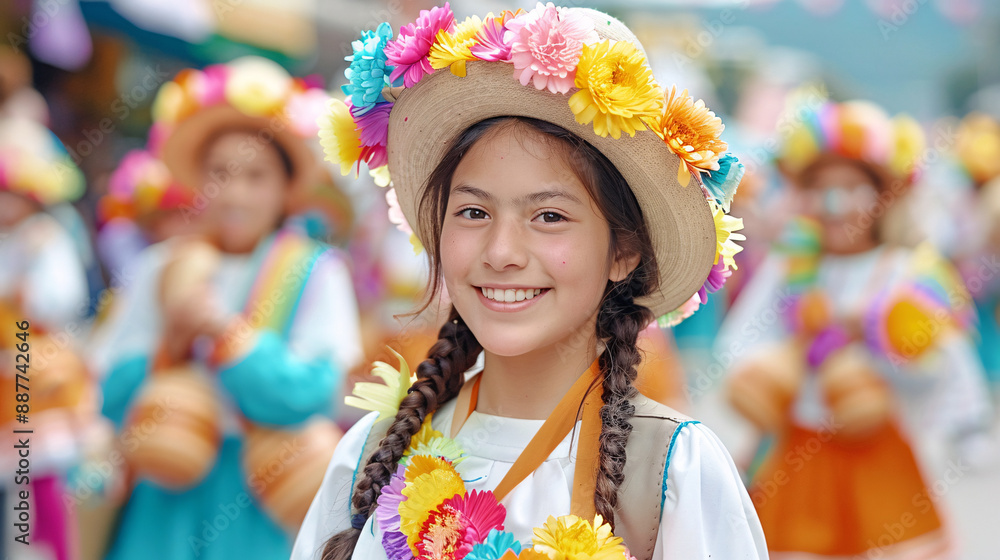 A girl wearing a flowery hat and a colorful outfit is smiling. She is surrounded by other people in colorful outfits A girl wearing a flowery hat and a colorful outfit is smiling. She is surrounded by other people in colorful outfits