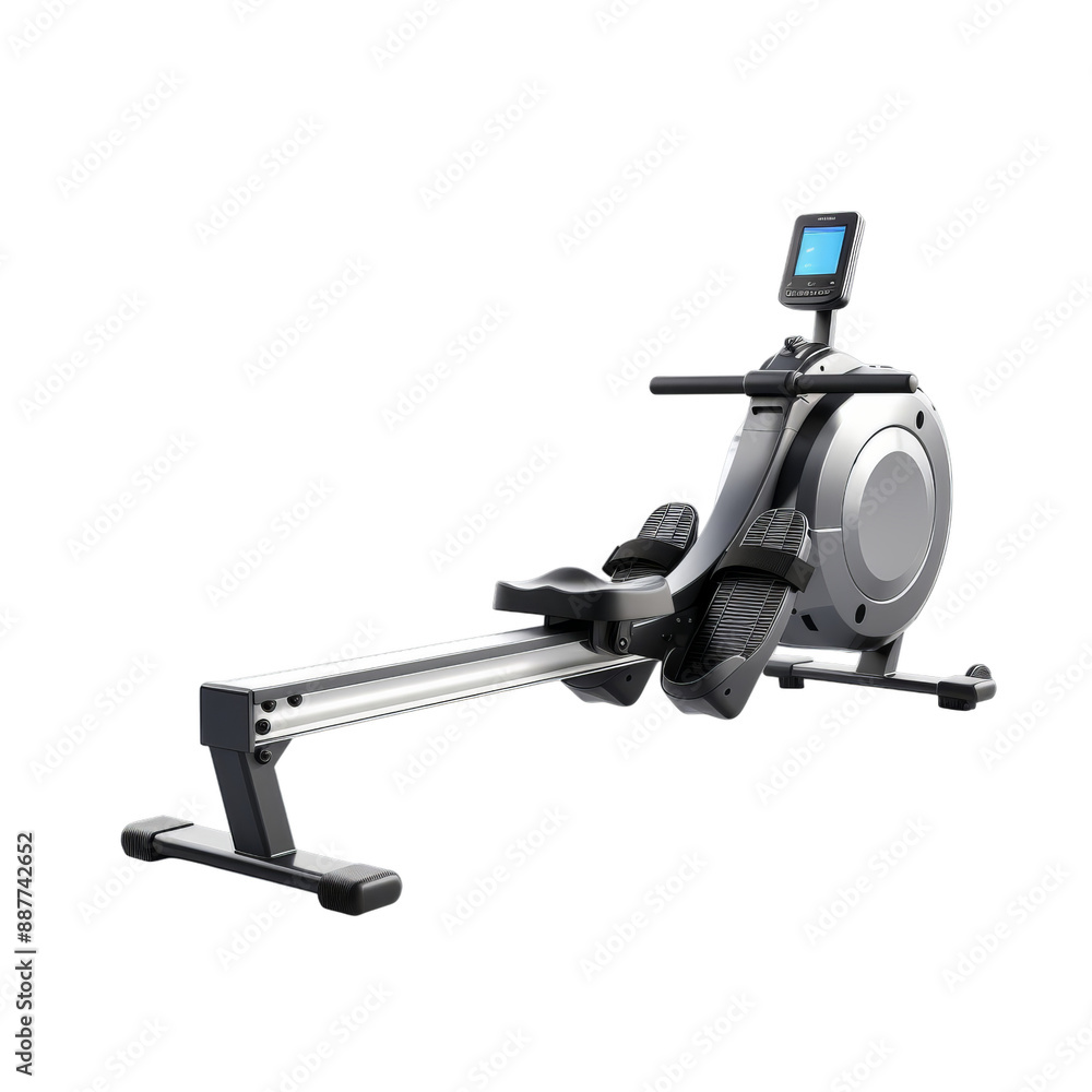 Modern gym fitness rowing machine with touch screen monitor isolated on white background, png file. Modern gym fitness rowing machine with touch screen monitor isolated on white background, png file.