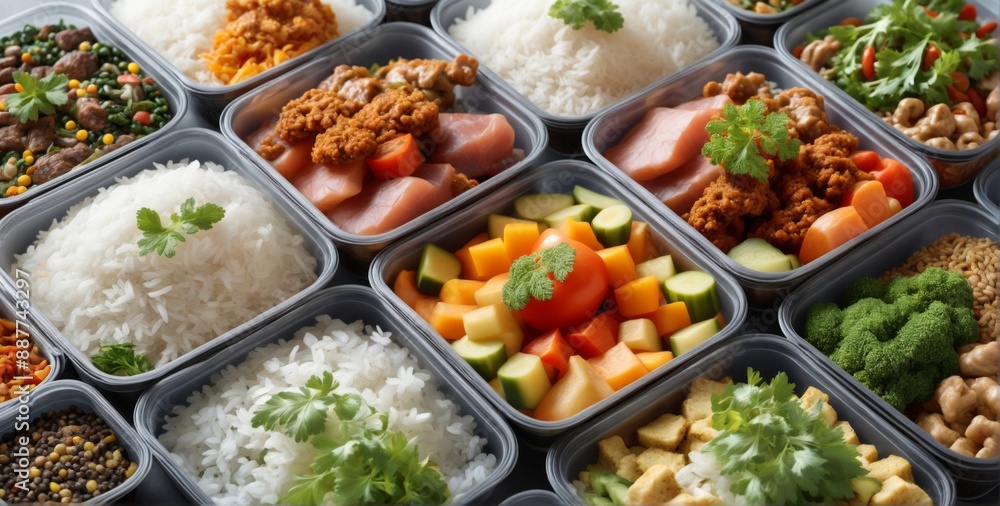 Healthy Meal Prep collection black plastic containers filled dif Healthy Meal Prep collection black plastic containers filled dif