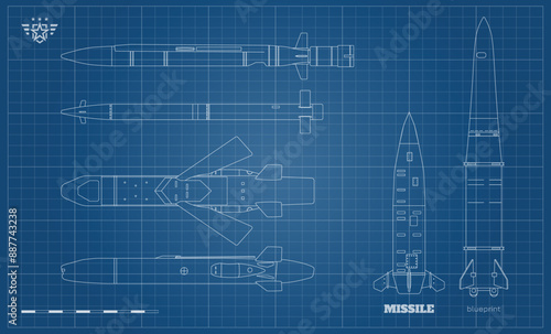 Missile industrial drawing. Ballistic and cruise missile blueprint. Strategic weapon outline art. War technology. Aircraft military bomb. Contour objects