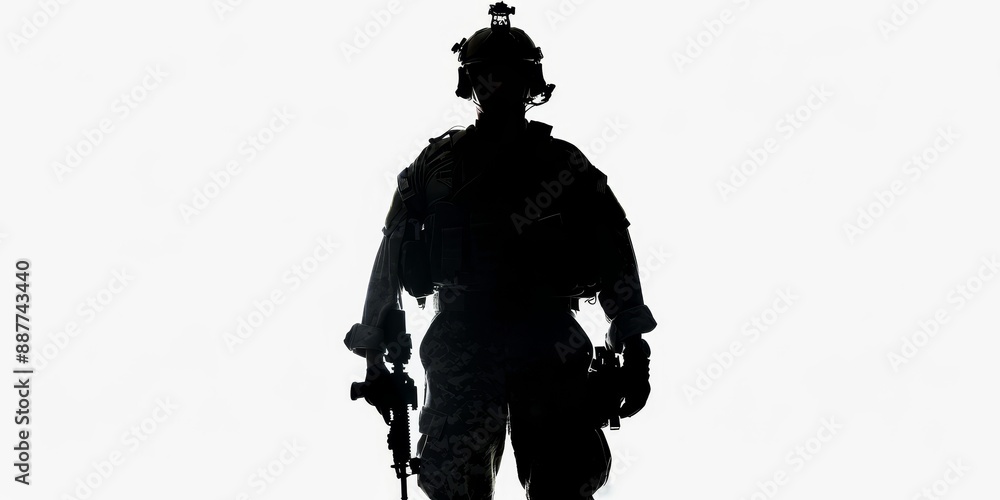 Fototapeta premium dark silhouette of unrecognizable soldier on a white background