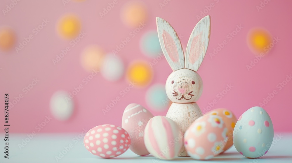 Wooden bunny decoration and painted eggs on pink background with space for text Wooden bunny decoration and painted eggs on pink background with space for text